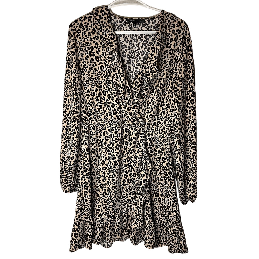 Dynamite Animal Print Fit Flare Long Sleeve Midi Dress L Casual Chic Classic